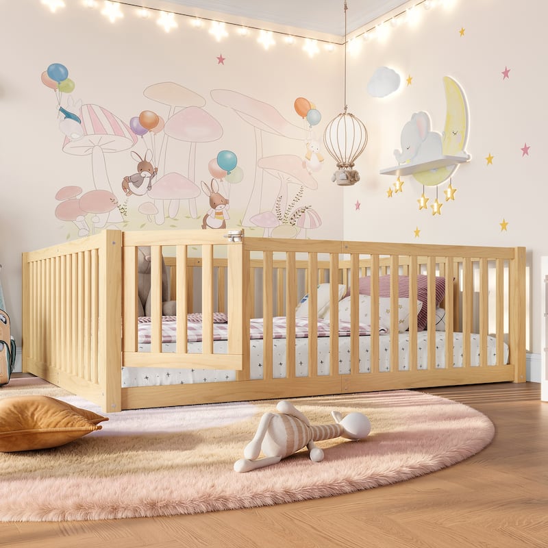 Montessori Floor Bed with Safety Guardrails & Door, Kids Low Profile Frame, Available in Queen/Full/Twin