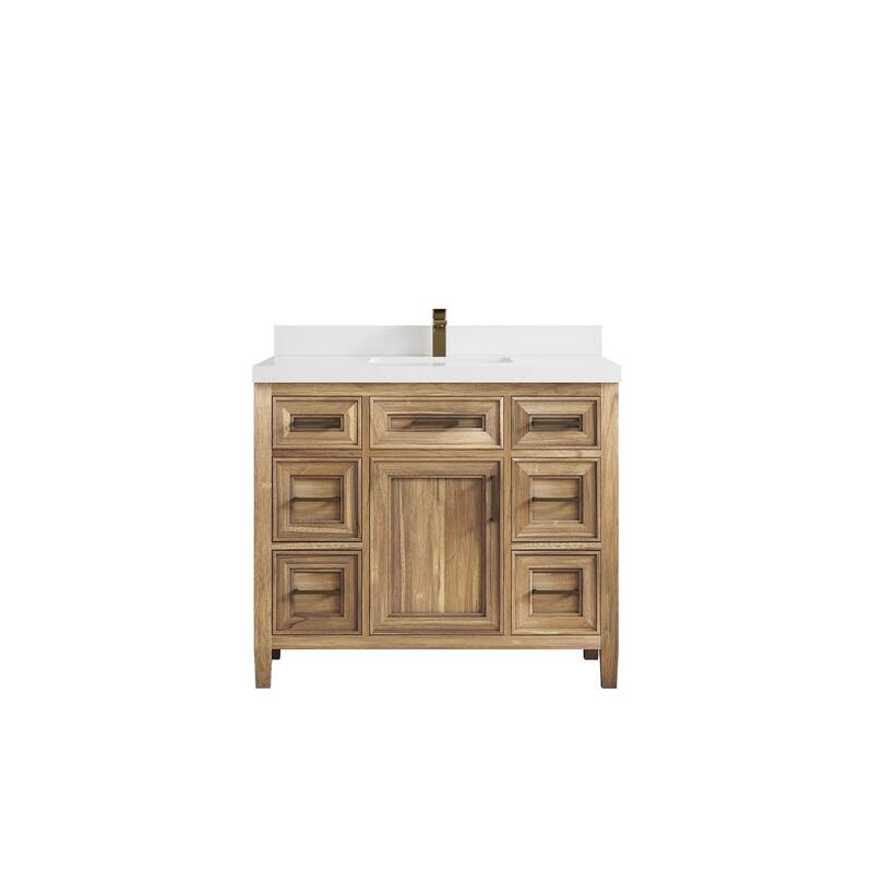 Willow Collections 42 in. W x 22 in. D Santa Monica Teak Single Sink Bathroom Vanity with Countertop - 2" White Quartz - Whitewashed Teak