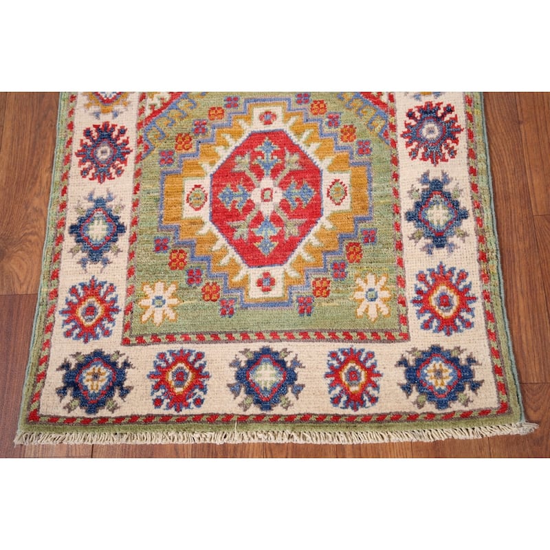 Green Kazak Oriental Accent Rug Hand-Knotted Wool Carpet - 1'11" x 3'1"