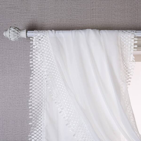 slide 1 of 6, DriftAway Solid White Sheer Window Scarf Valance Long Luxury Sheer Fabric Topper Lace and Crochet Trimmed 60" Width X 216 " Length - White