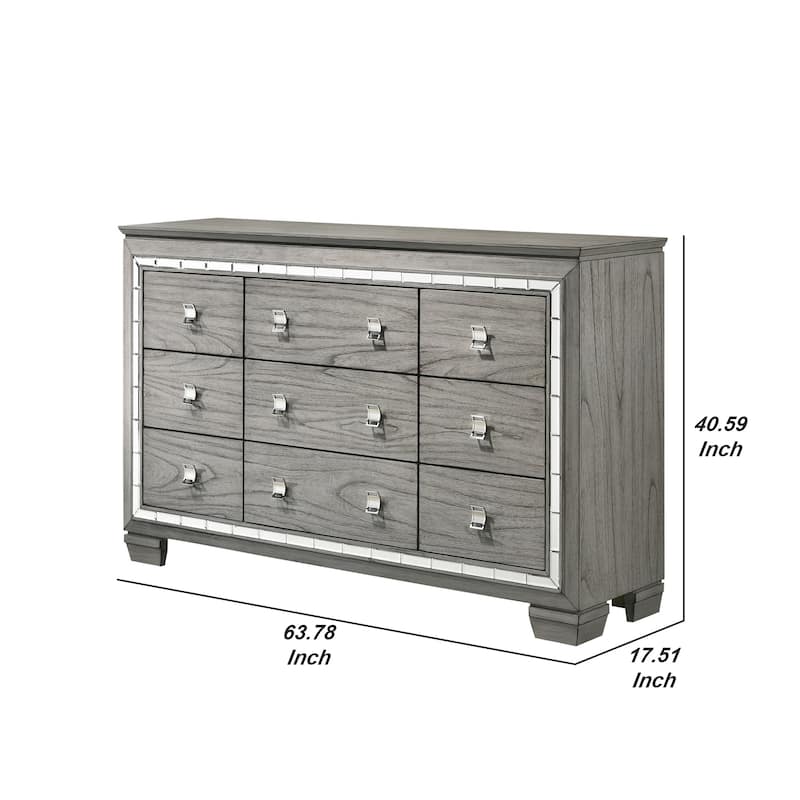 Dresser with 9 Drawers and Mirror Trim Inlay, Gray
