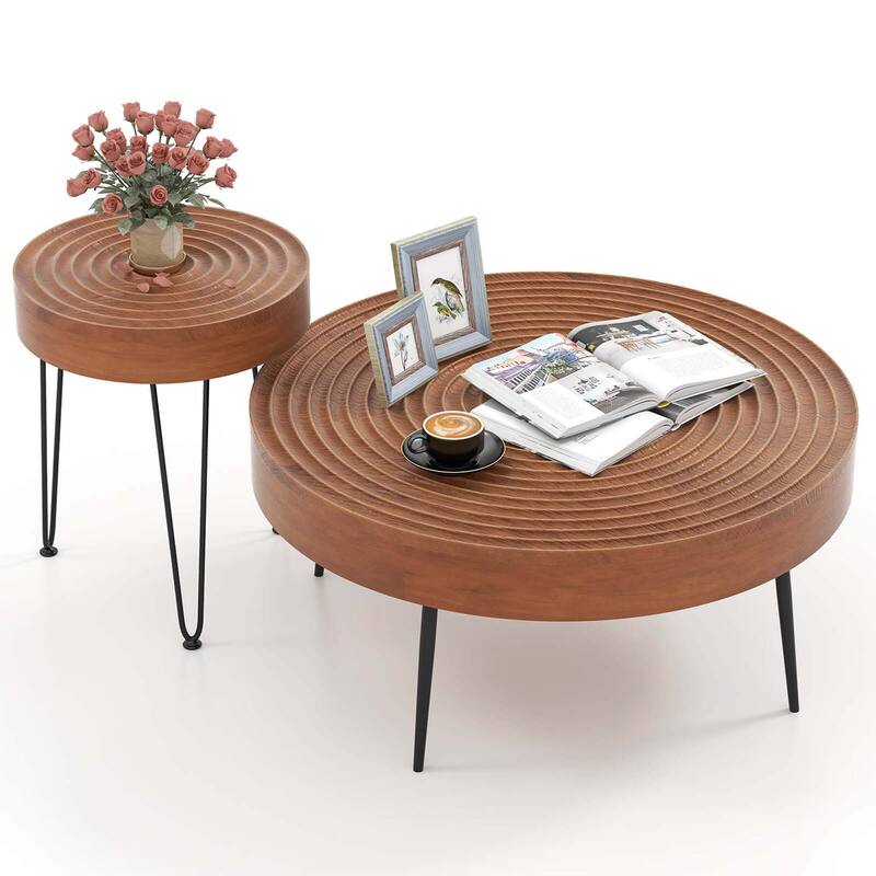 Farmhouse Round Coffee Table Set of 2 End Table Natural Finish