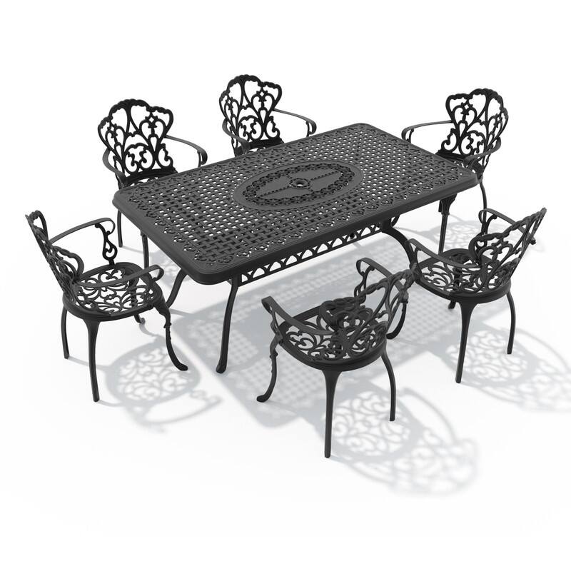 7-Piece Cast Aluminum Outdoor Dining Set with 66.93'' L X 37.40'' W Rectangular Table and Seat Cushions