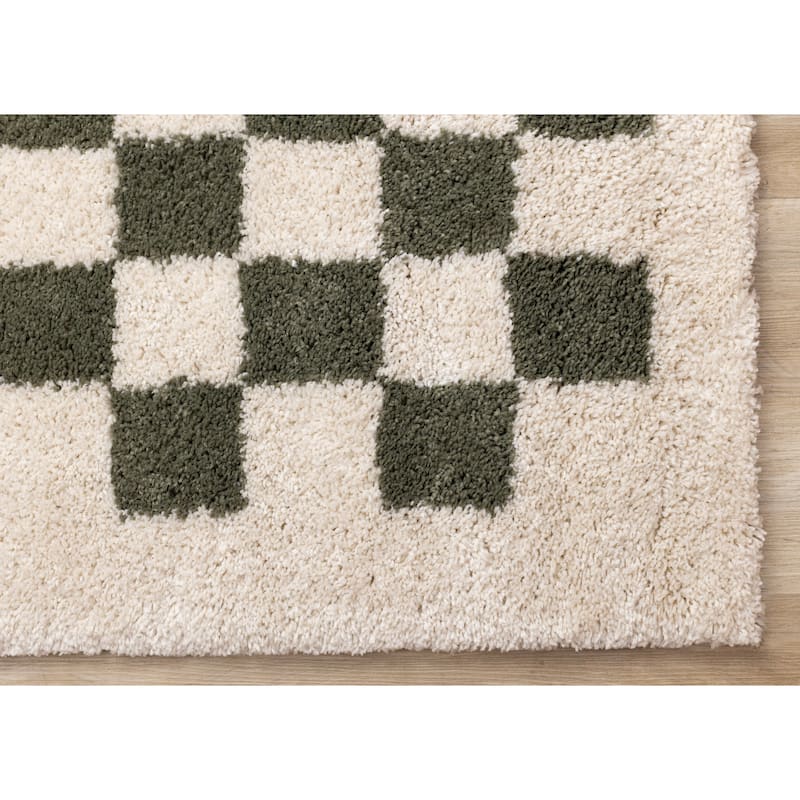 Cream Green Soft Shag Checkerboard Area Rug, 5'3" x 7'7"