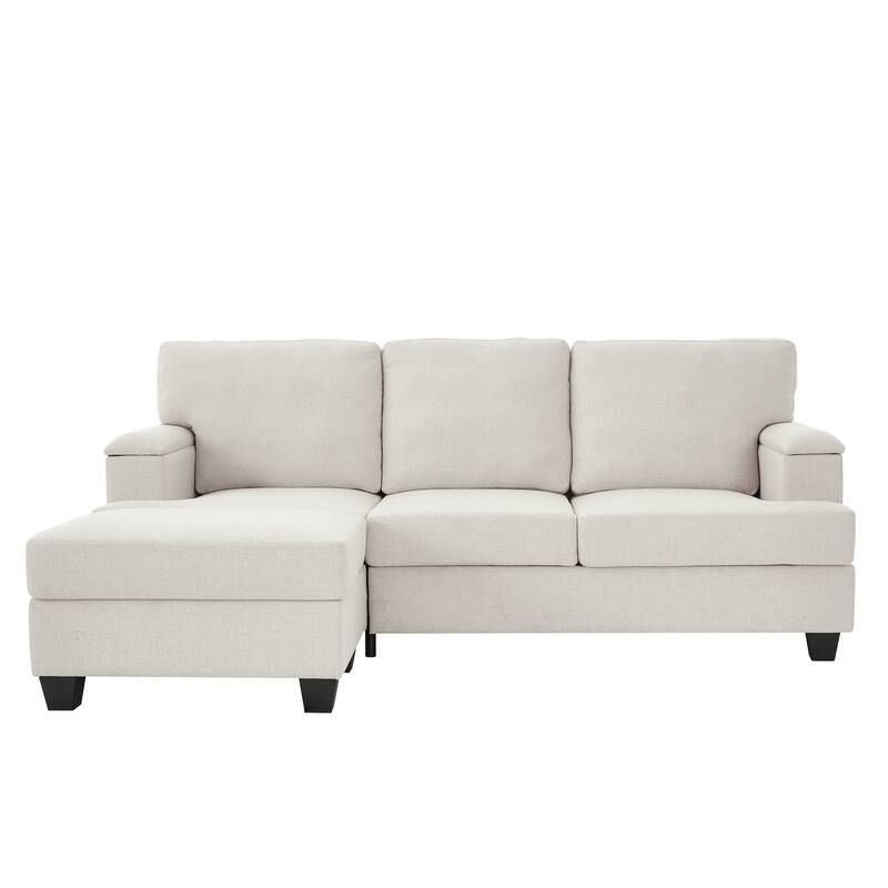 L Shaped 3 Seats Sofa with Armrest Organizer, Linen Sectional Sofa with Movable Ottoman, Comfy Upholstered 3 Seater Couch,