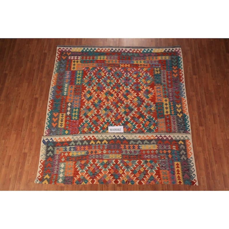 Kilim Area Rug Hand-Woven Living Room Wool Carpet - 8'0" x 11'5"