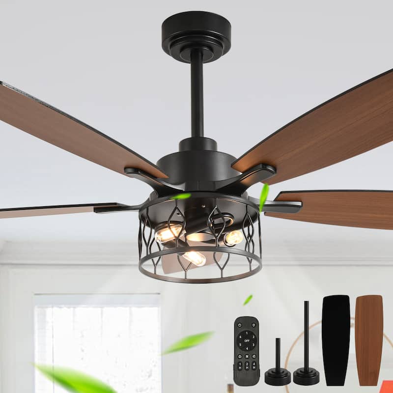 Cusp Barn 52 Inch Industrial Caged Ceiling Fan with Light and Remote, Farmhouse Quiet DC Motor Reversible Chandelier Ceiling Fan