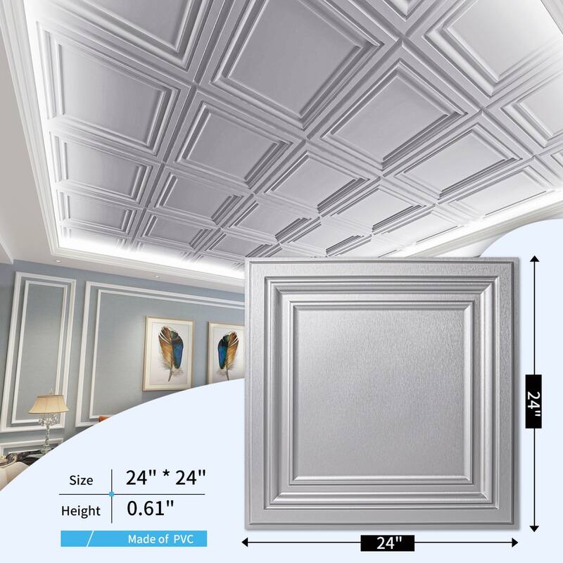 Art3d 2x2 ft. PVC Ceiling Tiles,Glue Up Wall Paneling in Argent Silver,48sqft