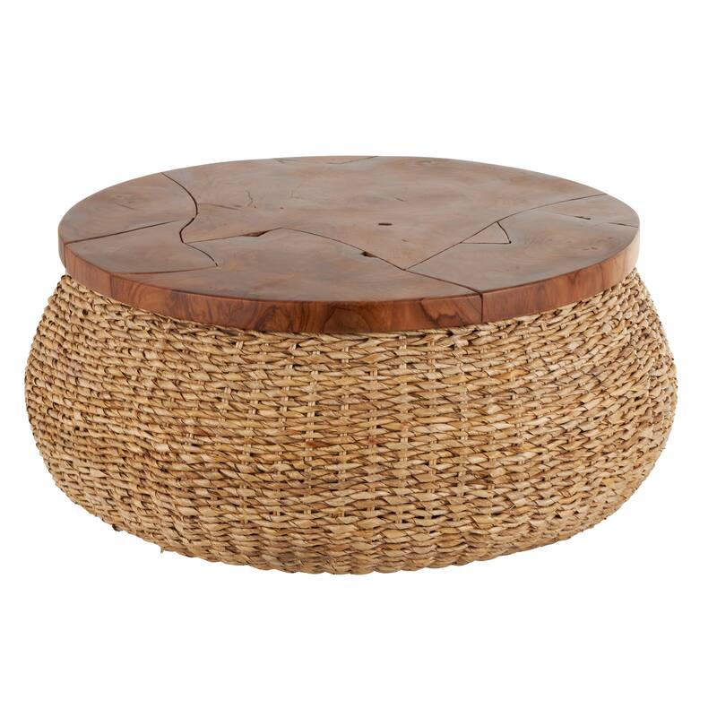 Rattan Wrapped Coffee Table with Teak Tabletop - Brown - Roche River Decor - 35"W x 35"L x 15"H