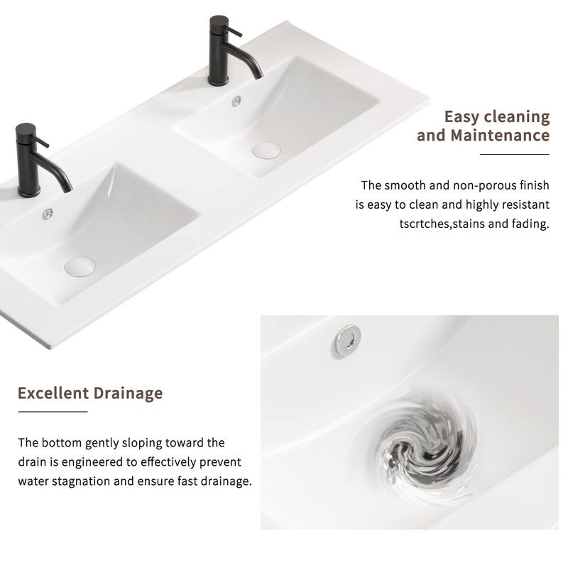 Double Bowl Ceramic Bathroom Sink - Thin Edge Vanity Basin, Dual Countertop Porcelain Wash Basin for Bathroom