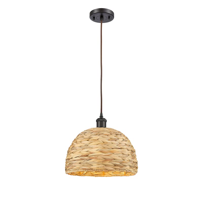 Innovations Lighting Woven Rattan - 1 Light 12" Cord Hung Pendant - Oiled Brass/Natural Rattan