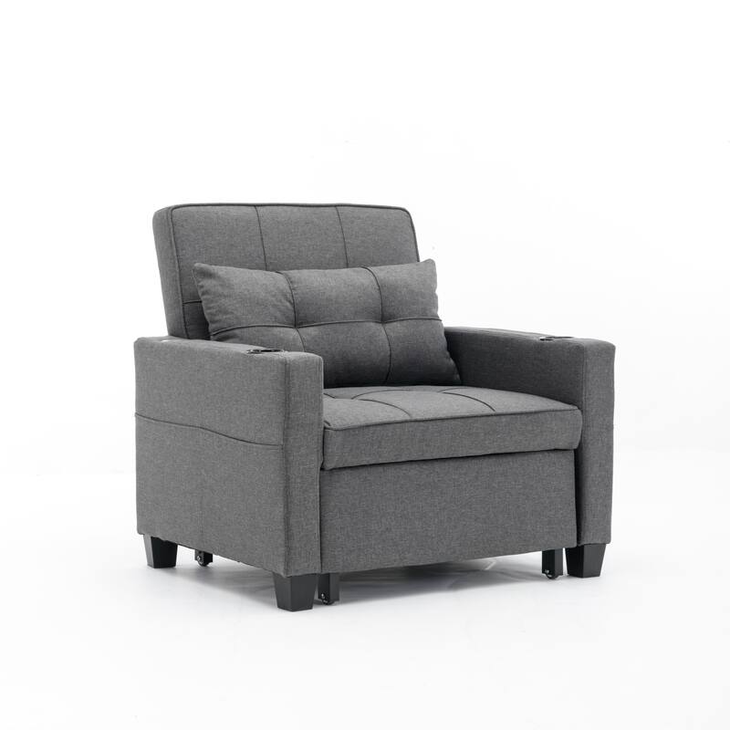 Linen Convertible Futon Armchair Bed with USB Ports, Adjustable Backrest and 3-in-1 Functionality