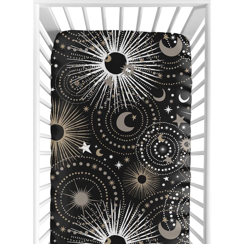 Sweet Jojo Designs Black Space Moon and Stars Boy, Girl, Unisex/Gender Neutral Fitted Crib Sheet - Gold & Silver Celestial, Sky