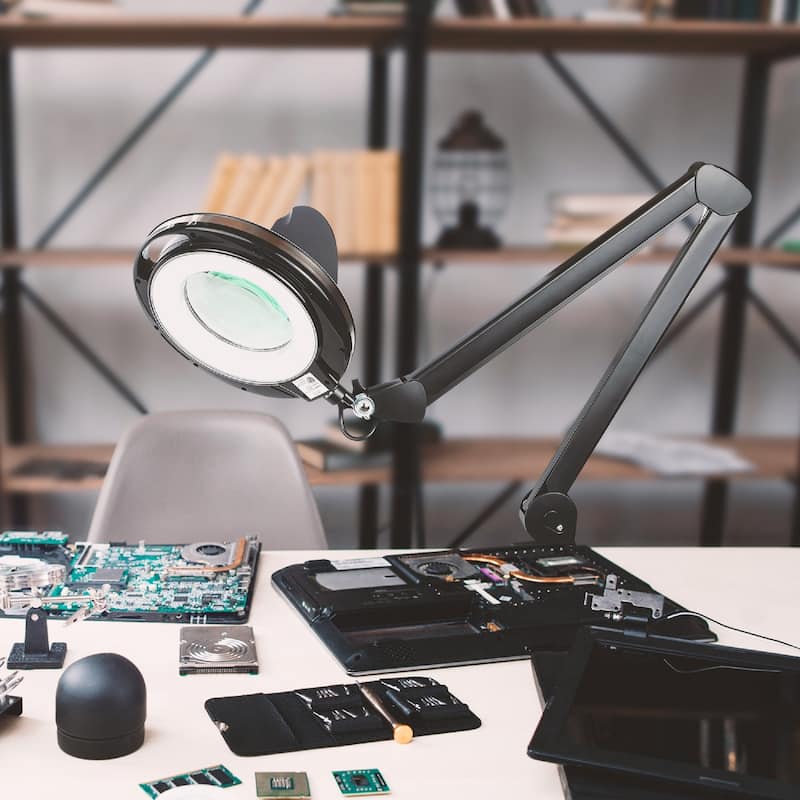 Brightech Lightview Pro 33" Classic Black Plug-in Adjustable Swing Arm Integrated 2.25X Magnifying Dimmable LED Desk Clamp Lamp