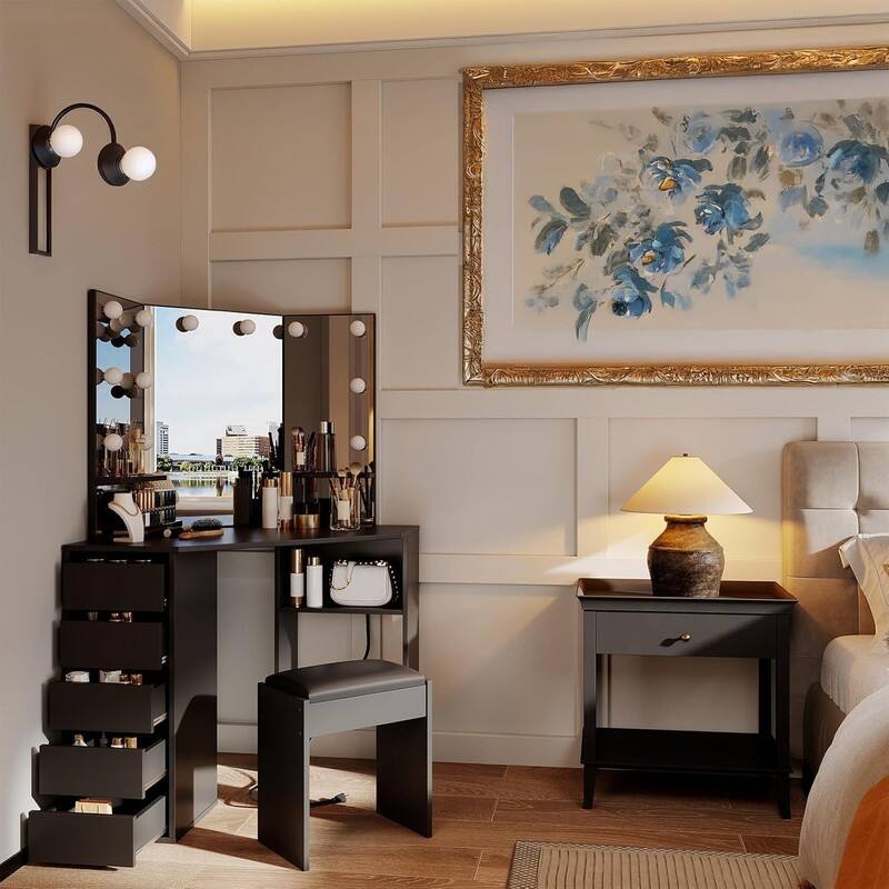 Corner Vanity Desk with Lighted Mirror and Stool, 5 Drawers, Charging Station