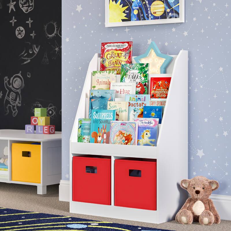 RiverRidge Kids Bookshelf and Toy Storage Organizer with 4 Racks and 2 Cubbies for Playroom, Nursery - White with 2 Red Bins