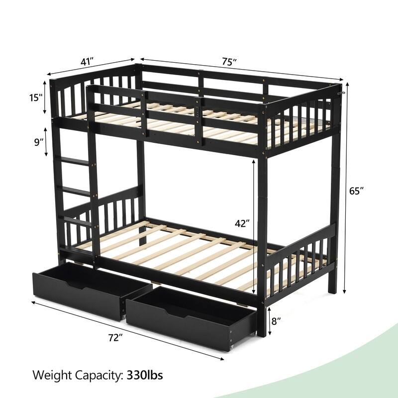 Solid Wood Bunk Bed Twin Over Twin with 2 Storage Drawers/RGB LED/Charging Station,Convertible Bunk Bed Frame