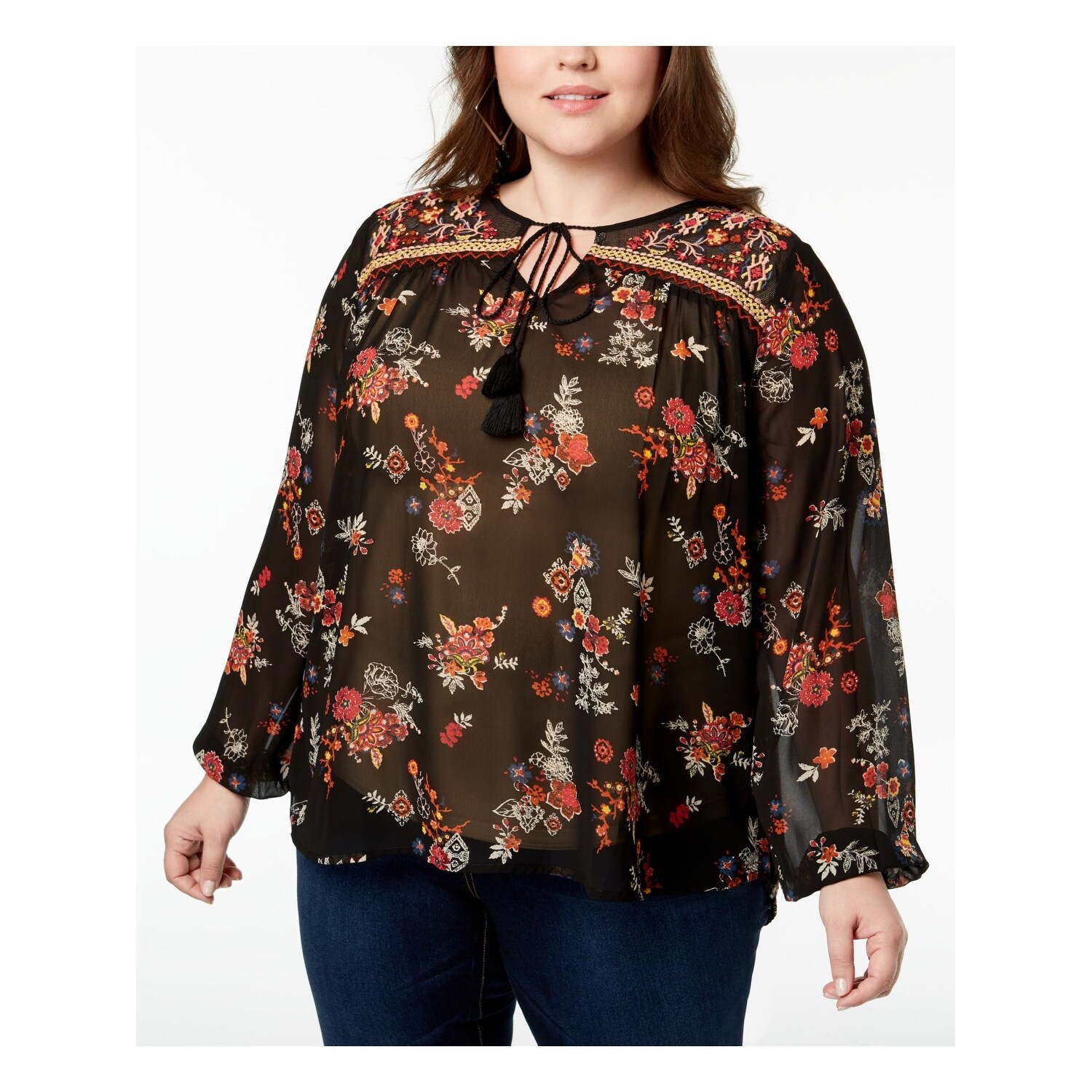 Shop Planet Gold Womens Black Sheer Tassle Floral Long Sleeve