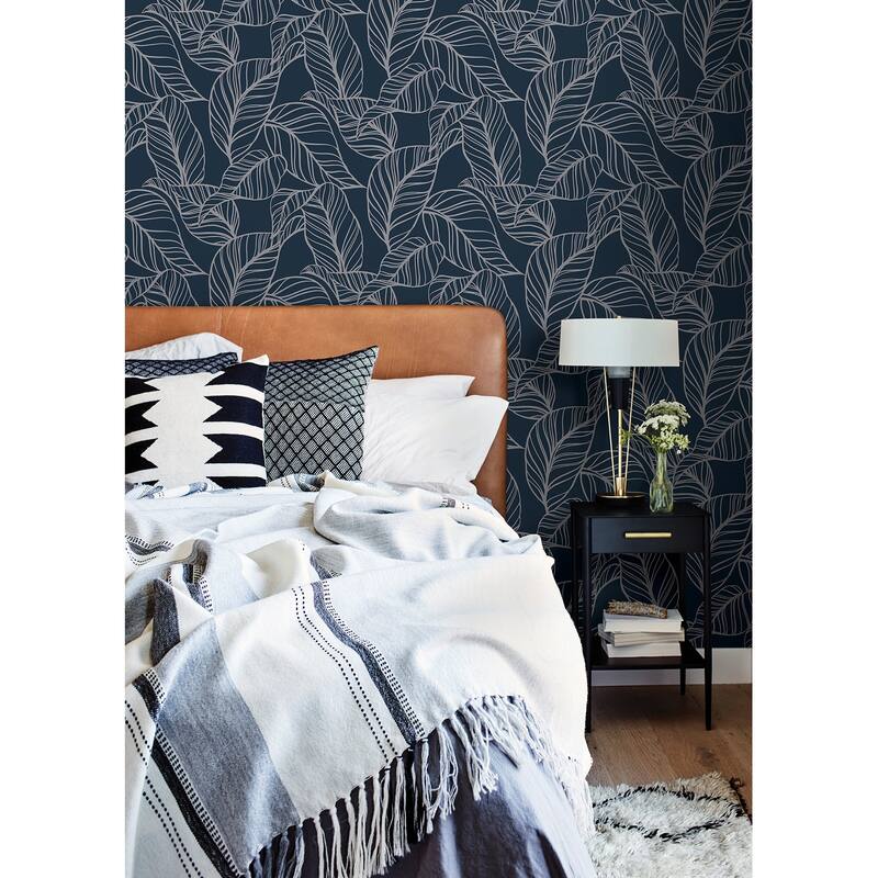 A-Street Prints Kagan Blue Large Leaf Wallpaper