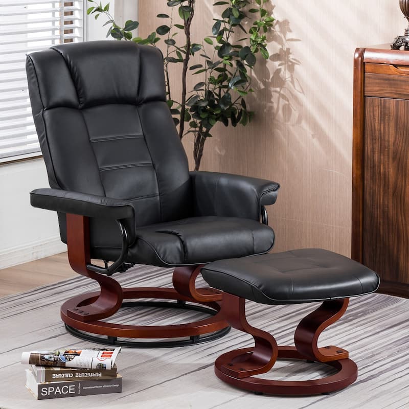 MCombo Swivel Recliner Chair with Wood Base and Ottoman - Black