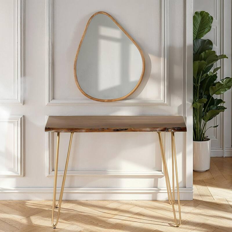Wooden Top Console Table - 40" - Brown and Gold