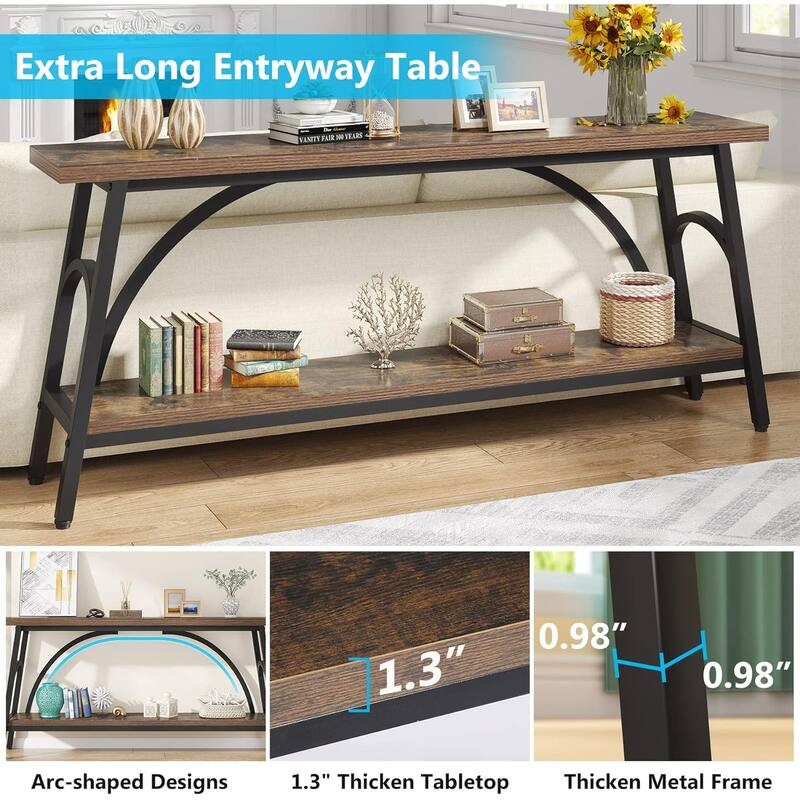70.8" Rustic Brown & Black 2-Tier Extra Long Console Table, Industrial Sofa Table or TV Stand for Entryway or Living Room