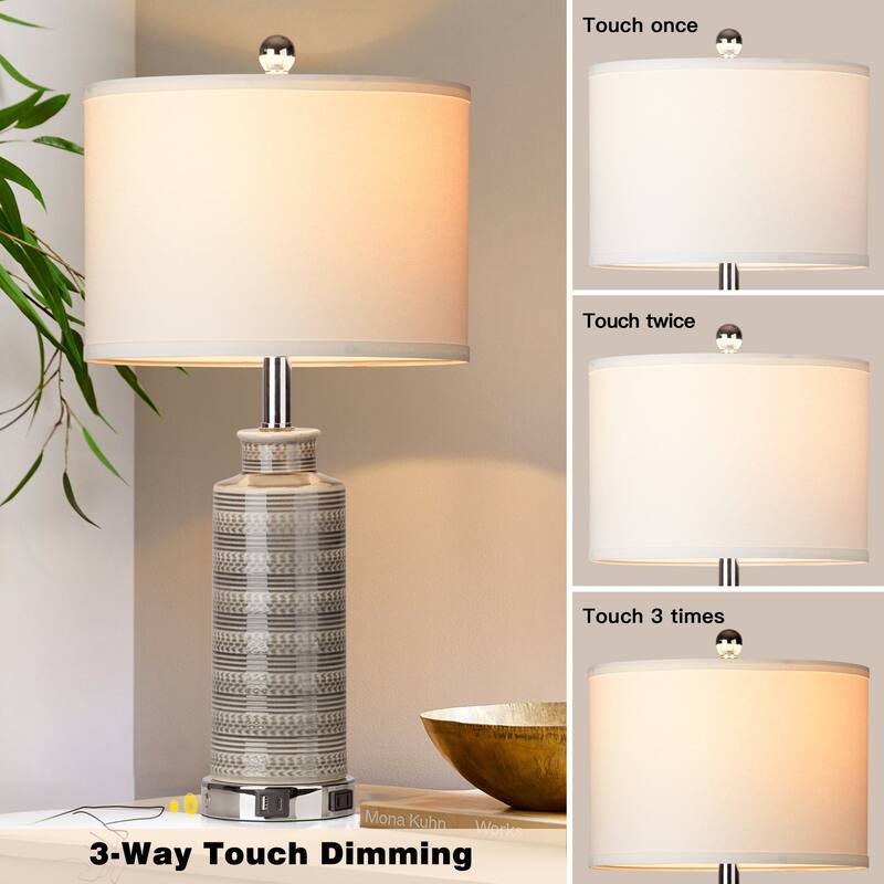 25'' Gray Ceramic Table Lamp with USB & Type-C Ports, 3-Stage Touch Switch (Set of 2) - 12.5'' x 12.5'' x 25''