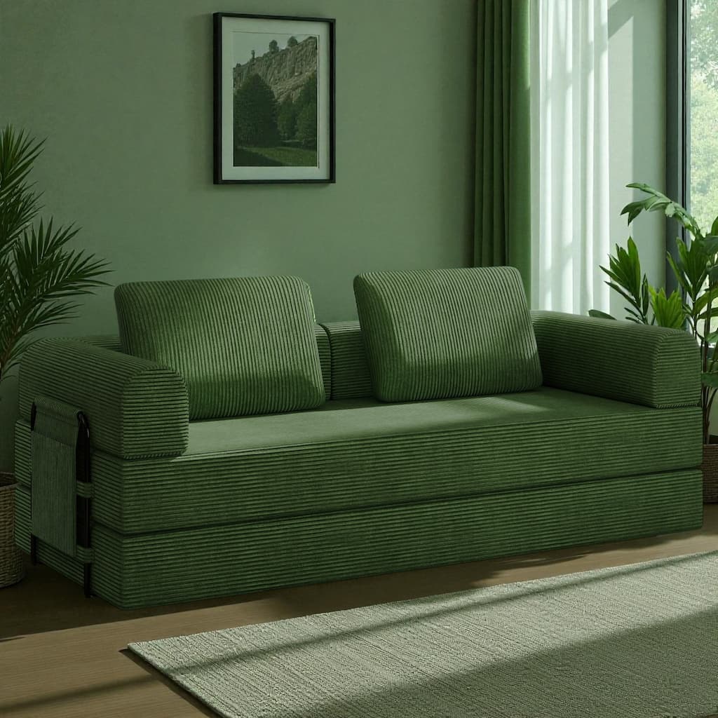 Convertible Corduroy Sleeper Sofa Bed, 3-Seat Folding Floor Couch with Cylindrical Pillow & Fixed-Shape Frame