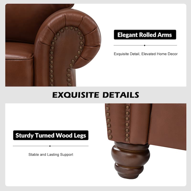 Balvino 81" Wide Transitional Genuine Leather Rolled Arm Sofa with Nailhead Trim and Removable Cushions