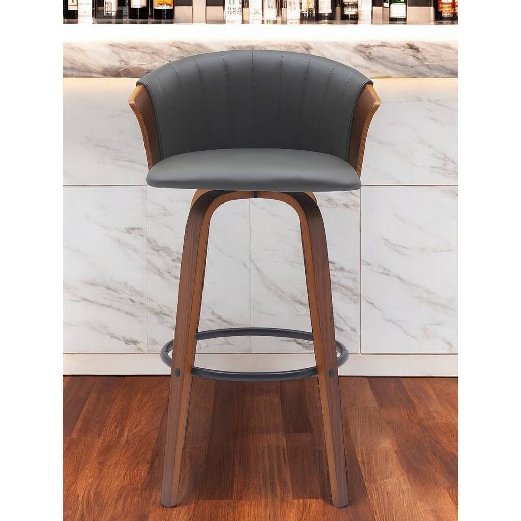 30" Gray And Wood Brown Faux Leather Swivel Bar Height Bar Chair