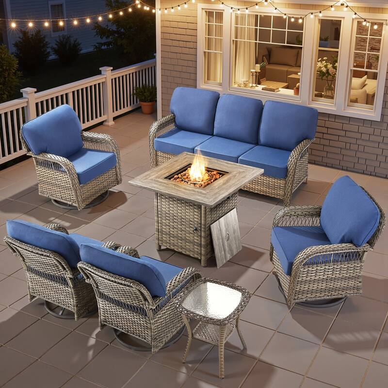 Pocassy Patio Outdoor Fire Table with Sofa Ottoman Swivel Chair Funiture Set. - Gray Wicker Blue Cushion - 7-Piece Sofa Swivel Chair Table w/ Fie Pit Table