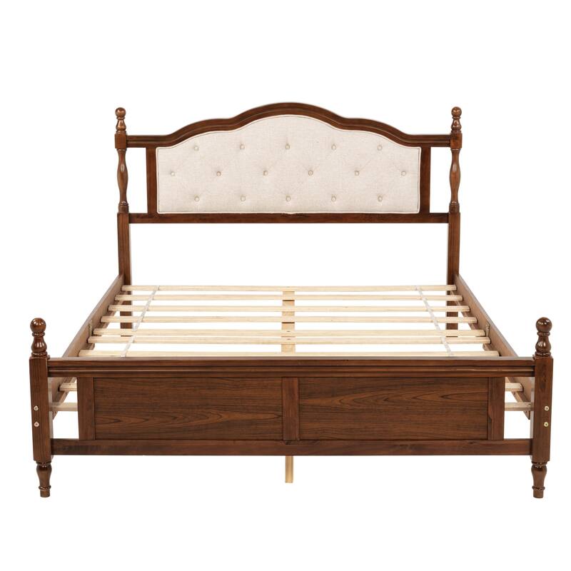 Roomfitters Queen Pine Wood Bed Frame with Upholstered Headboard and Panel Footboard, Reinforced Platform Support Design, Walnut