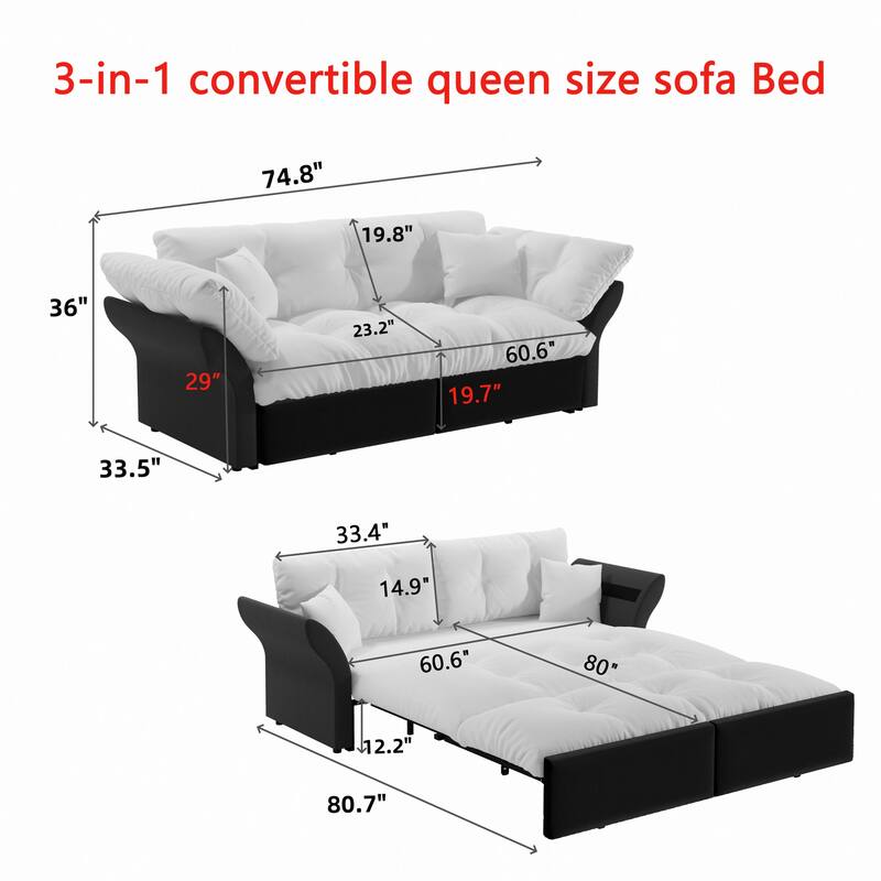 3-in-1 Convertible Tufted Loveseat with 2 Soft Pillows,Multi-Functional Sleeper