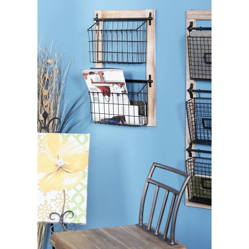Black Metal 3 or 2 Slot Magazine Rack Holder with Wood Frame and Suspended Wire Baskets - Black - 14"W, 22"H