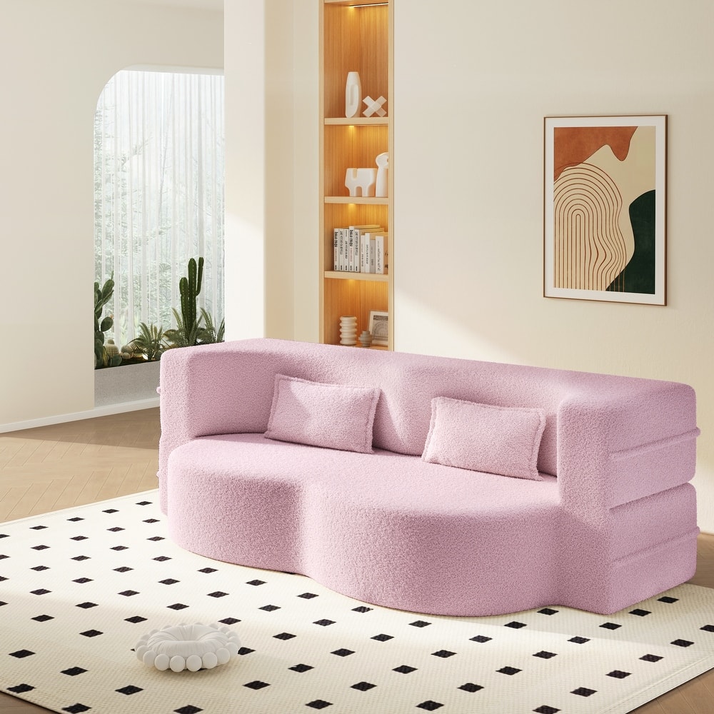 Modern Floor Sofa with 2 Pillows,Convertible Teddy Fabric Foam-Filled Sleeper Sofa Bed