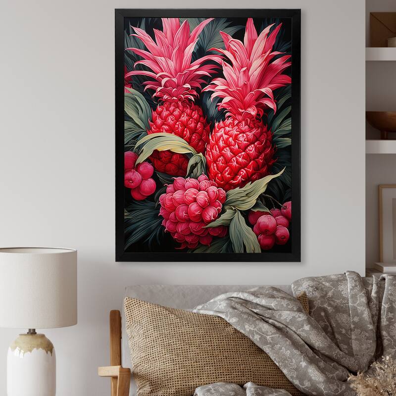 Designart "Rustic Pink Pineapple Impression II" Pineapples Wall Decor Pink - Traditional Entryway Framed Wall Art - 24 in. wide x 32 in. high - Black