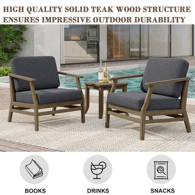 2 Set Patio Teak Wood Outdoor Chair and Side Table Set with Cushions