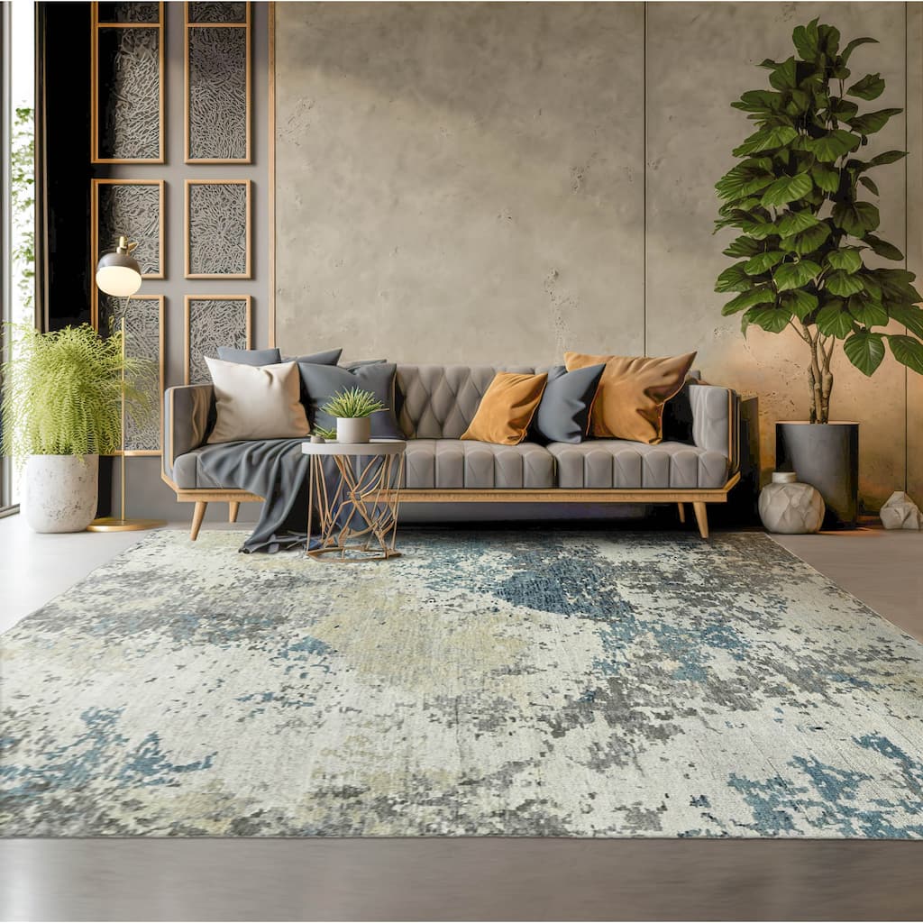 Hand Knotted Gray Tibetan 100% Wool Modern Abstract Oriental Area Rug