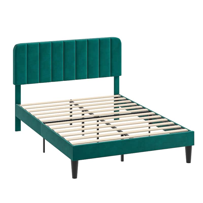 VECELO Velvet Upholstered Bed Frame with Vertical Channel Tufted Headboard, Adjustable Headboard, Wooden Slats Support