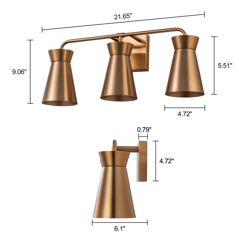 Modern 3-Light Wall Sconce - Brushed Brass Vanity Light for Bathroom, Bedroom, Hallway - 21.65"