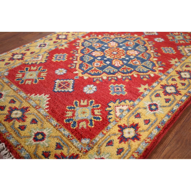 Geometric Red Kazak Oriental Accent Rug Hand-Knotted Wool Carpet - 2'0" x 3'0"