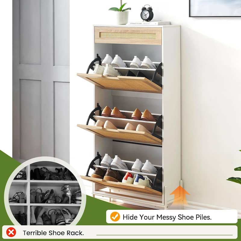 Rattan Shoe Cabinet with 3 Flip Drawers and 1 Small Drawer