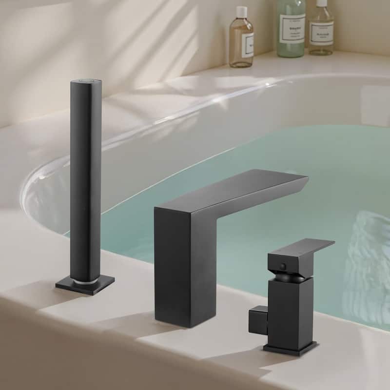 Matte Black 3-Hole Deck Mount Widespread Roman Bathtub Faucet with Waterfall Fill and Handheld Shower - 8.94” x 2.83” x 6.89”