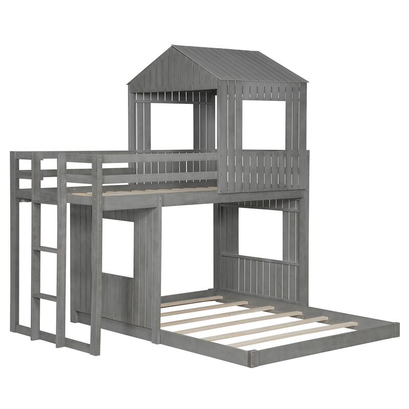 Play House Loft Bed with Floor Bed, Wooden Twin Over Full Bunk Bed with Roof, Windows, Ladder and Safety Guardrails