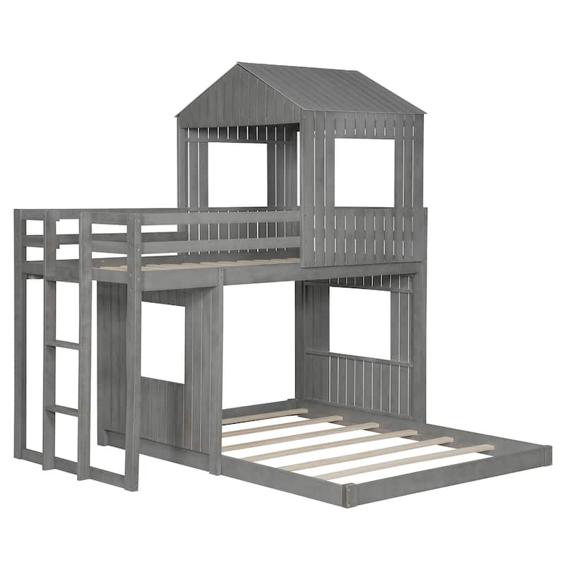 Roomfitters Wooden Twin Over Full Bunk Bed with Playhouse Design, Farmhouse Loft Bed with Ladder & Guardrails