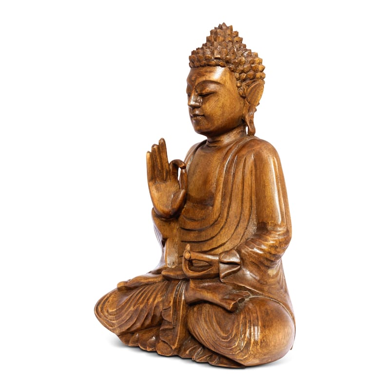 Wooden Serene Sitting Buddha "Vitarka Mudra" Statue Handmade Meditating Sculpture Figurine Home Decor Accent Handcrafted Art - 12" tall x 10" wide x 5" deep