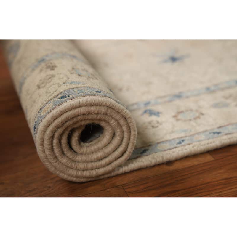 Hand Knotted Oriental 100% Wool Carpet Transitional All-Over Beige & Ivories Oushak Runner Rug - 12' 5'' X 3' 0''