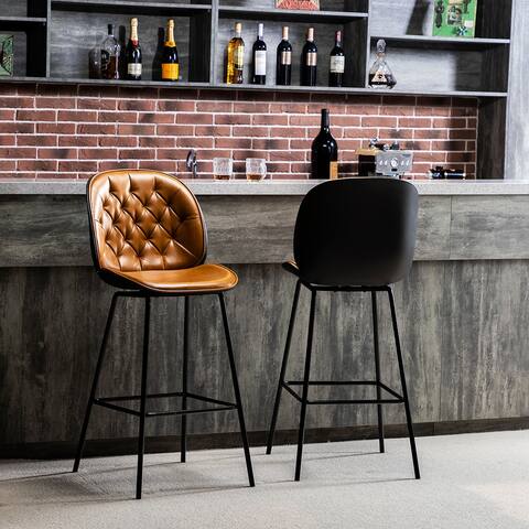 Counter Bar Stools Upholstered in Leather with Metal Base, Set of 2