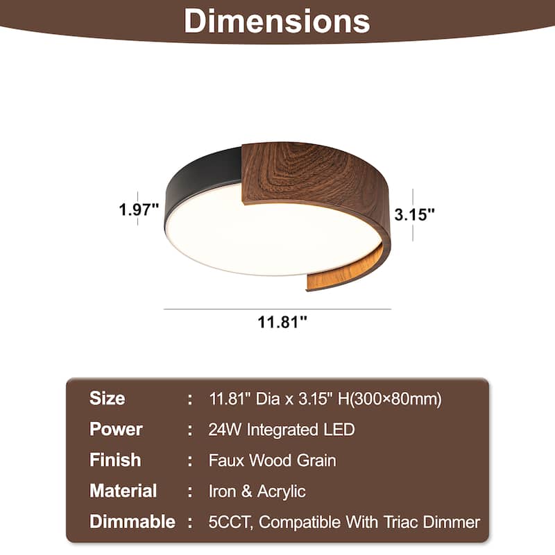 Starsky 5CCT LED Round Wooden Flush Mount - 11.81''