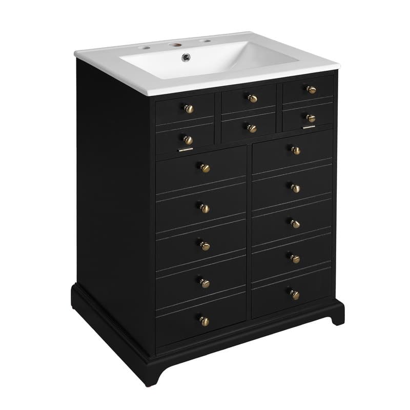 Freestanding Bathroom Vanity Set with Ceramic Sink – Solid Wood Storage Cabinet Featuring 2 Soft-Close Drawers in Black